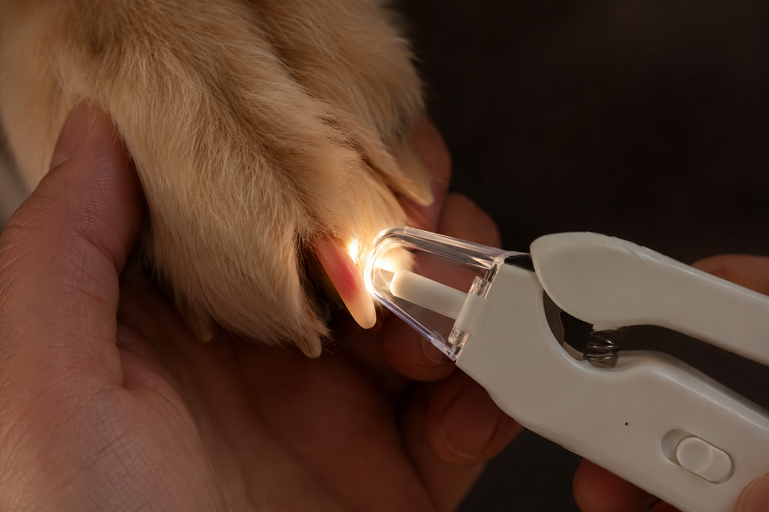 LED light showing the quick inside a dog's nail during a safe trim