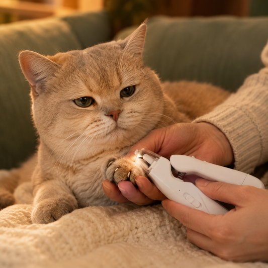 Calm cat having claws trimmed with the quiet nail grinder