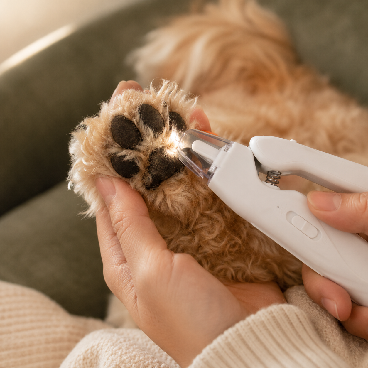 Close-up of paw pads during a gentle LED-lit nail trim