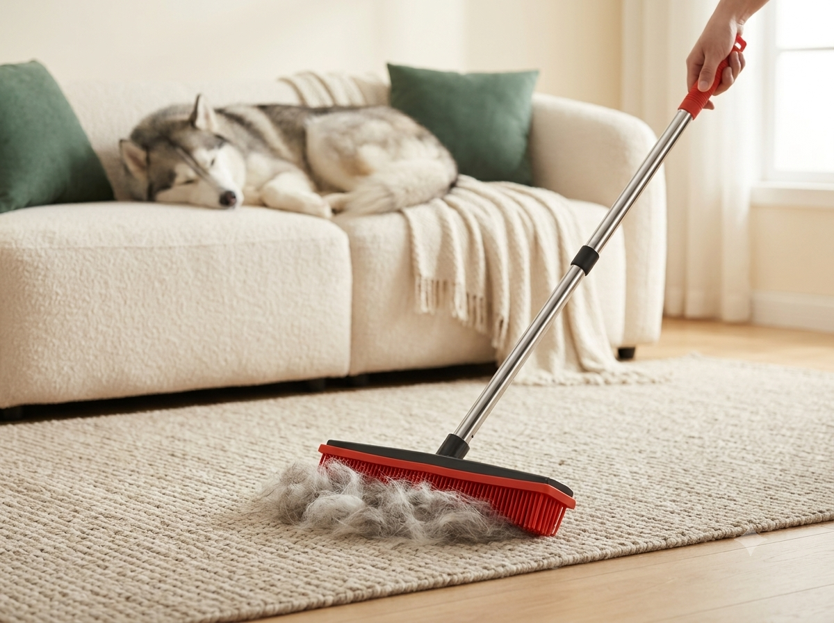 Furglide broom sweeping pet hair off a rug while a husky naps on the sofa