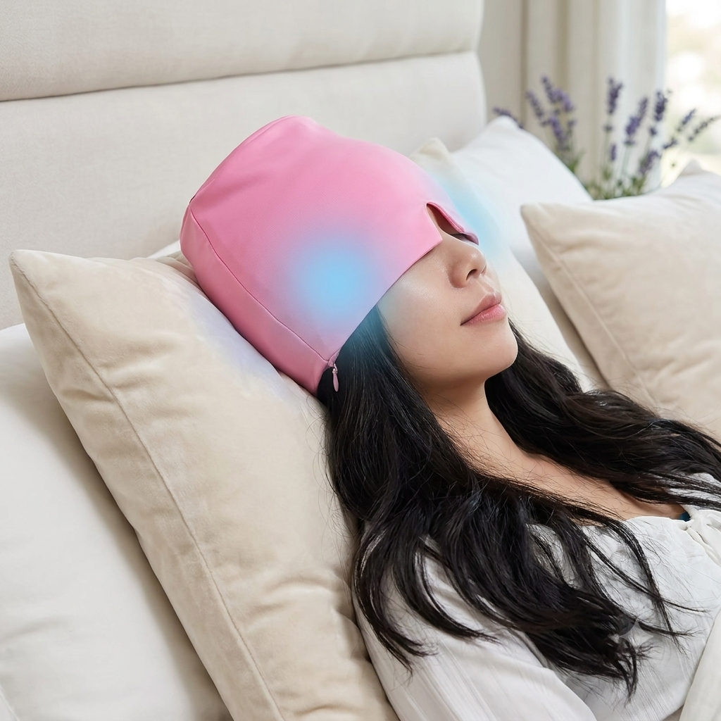Woman resting with Duviro migraine relief cap in pink