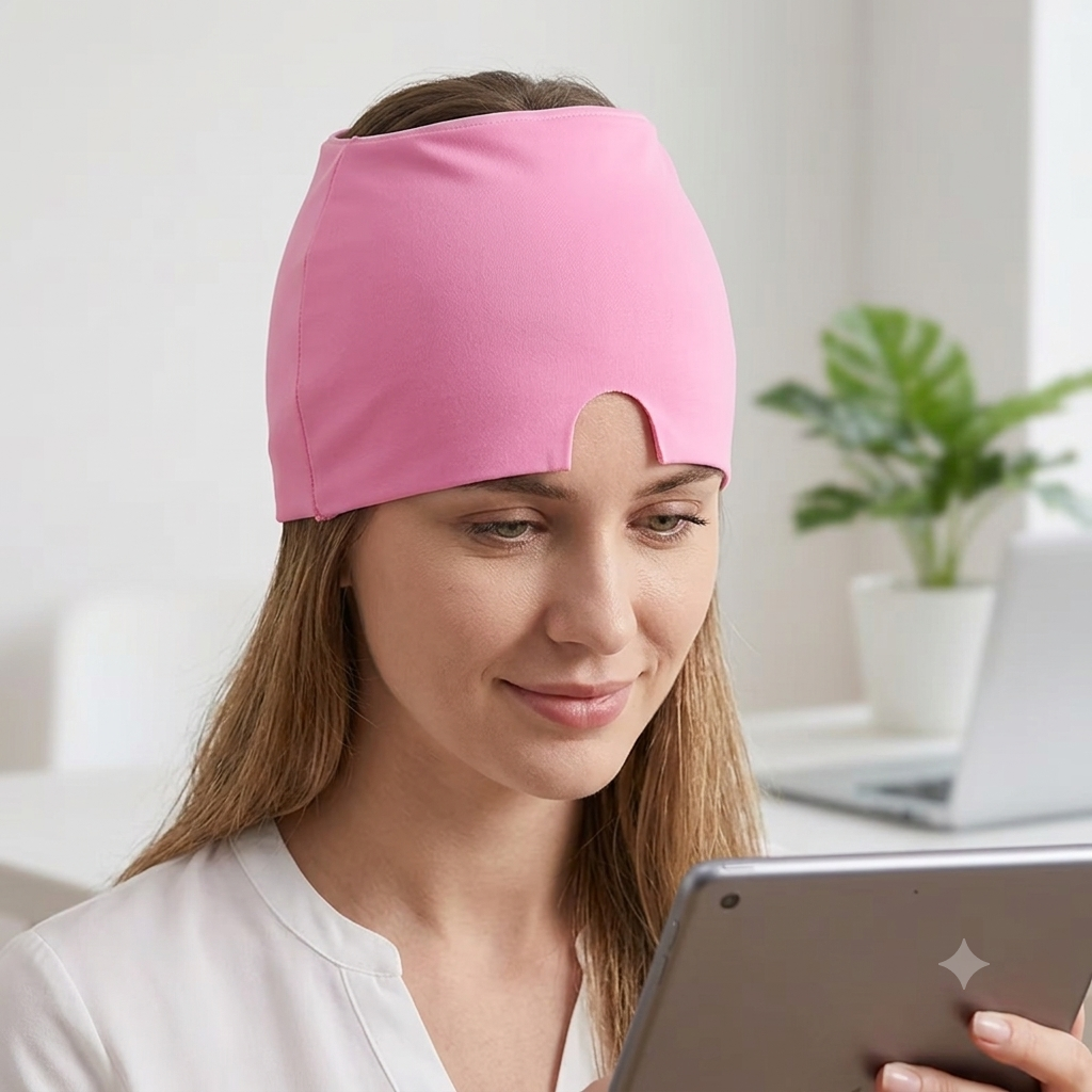 Woman wearing Duviro relief cap while working