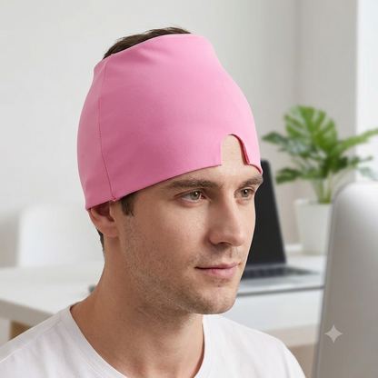 Man wearing Duviro migraine relief cap at his desk
